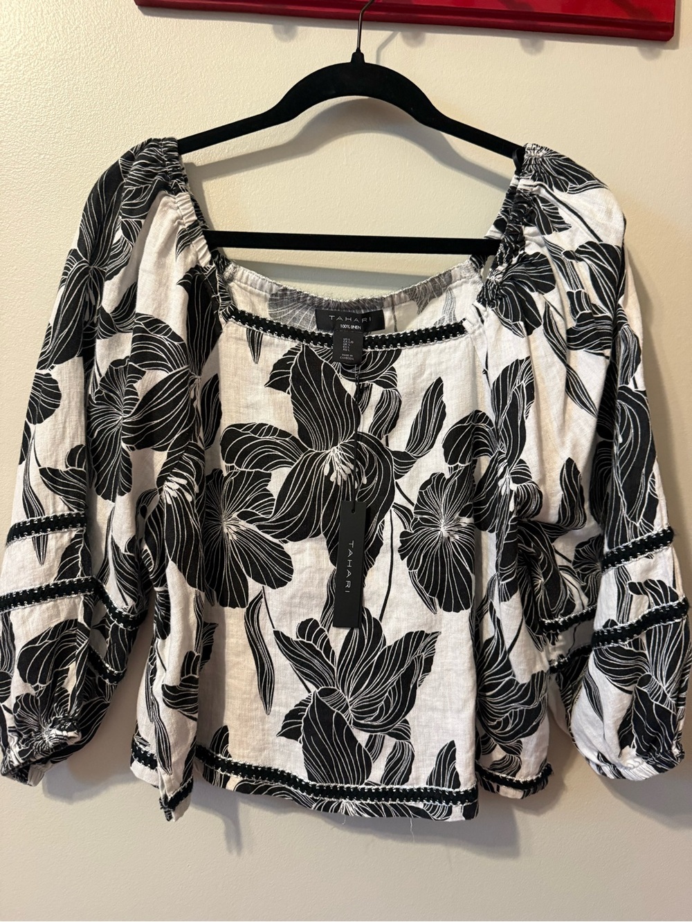 Tahari Black & White Floral Peasant Blouse
